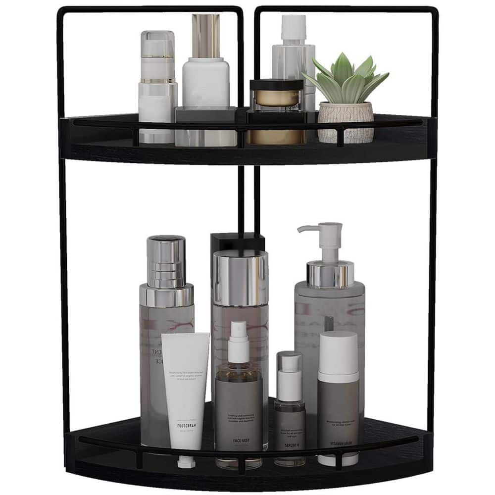 Numhew 2-Tier Bathroom Counter Organizer,Vanity Counter Corner Shelf Wood Countertop Bathroom Storage and Organization in Black (1)