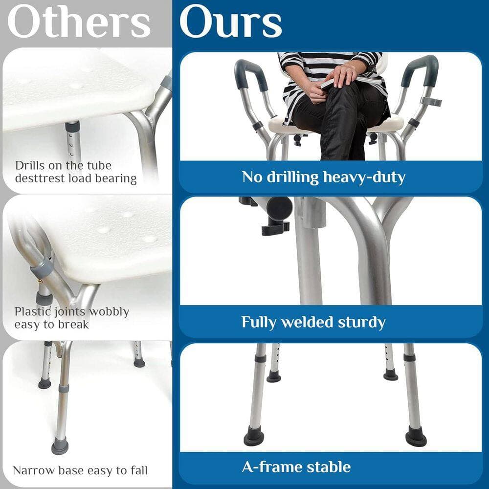 Anqtovp 20.1 in. W Freestanding Non-Slip, Adjustable, Padded Shower Chair with Arms and Back 14.9-21.3 in. White Finish (3)