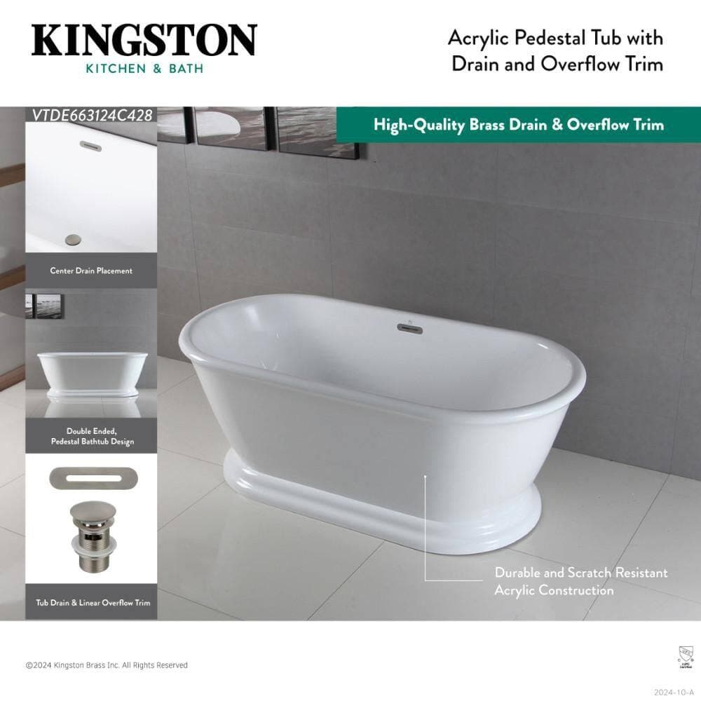 Kingston Brass Aqua Eden 66 in. x 30.5 in. Acrylic Flatbottom Soaking Freestanding Bathtub in Glossy White/Antique Brass with Drain (3)