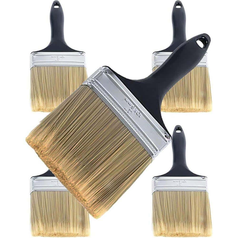 KIWDZFU 4 in. Flat Paint Brushes with Treated Plastic Handle for DIY Home Furniture Wood Cabinet Fences Decks Walls 5-Pack (1)