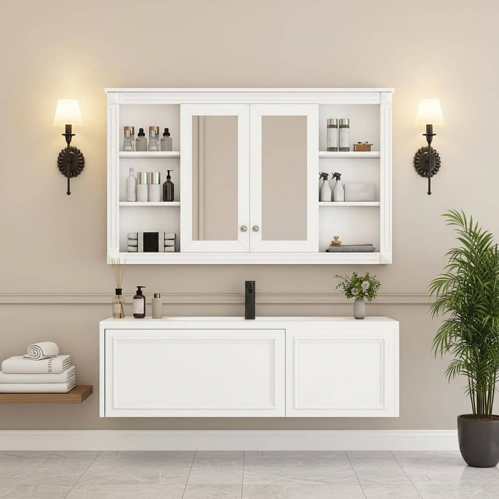 Unbranded 47 in. W x 28.74 in. H White Wood Rectangular Medicine Cabinet with Mirror with Adjustable Shelf and Open Shelves (2)