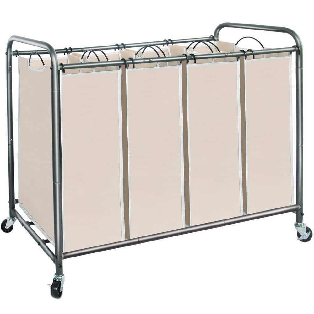 Wudkey 4 Section Beige Laundry Sorter, 180 L Laundry Hamper with Wheels and Removable Bags Clothes Divider Basket Sorter (1)