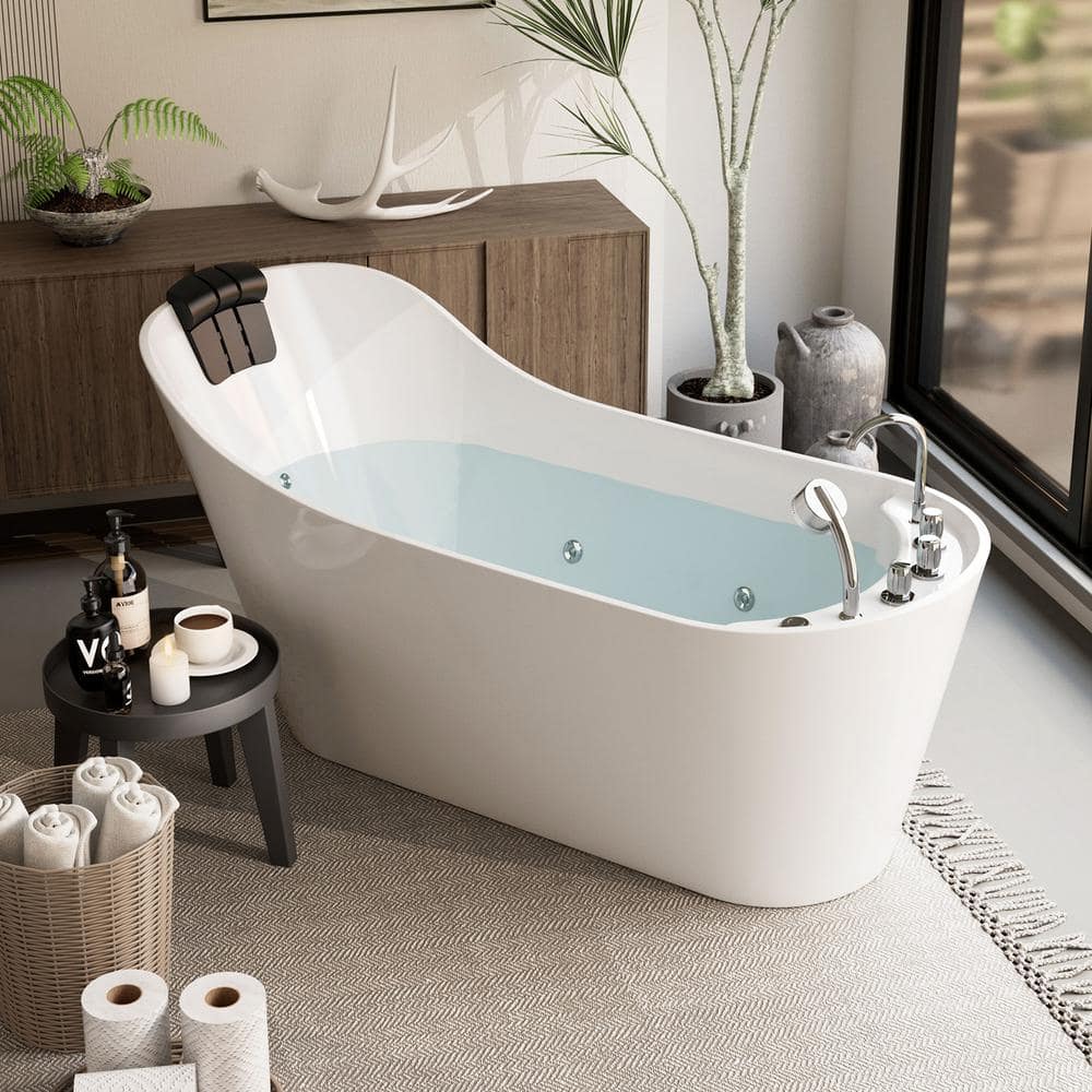Empava 67 in. Right Hand Drain Acrylic Freestanding Flatbottom Whirlpool Bathtub in White with Faucet - Water Jets (1)