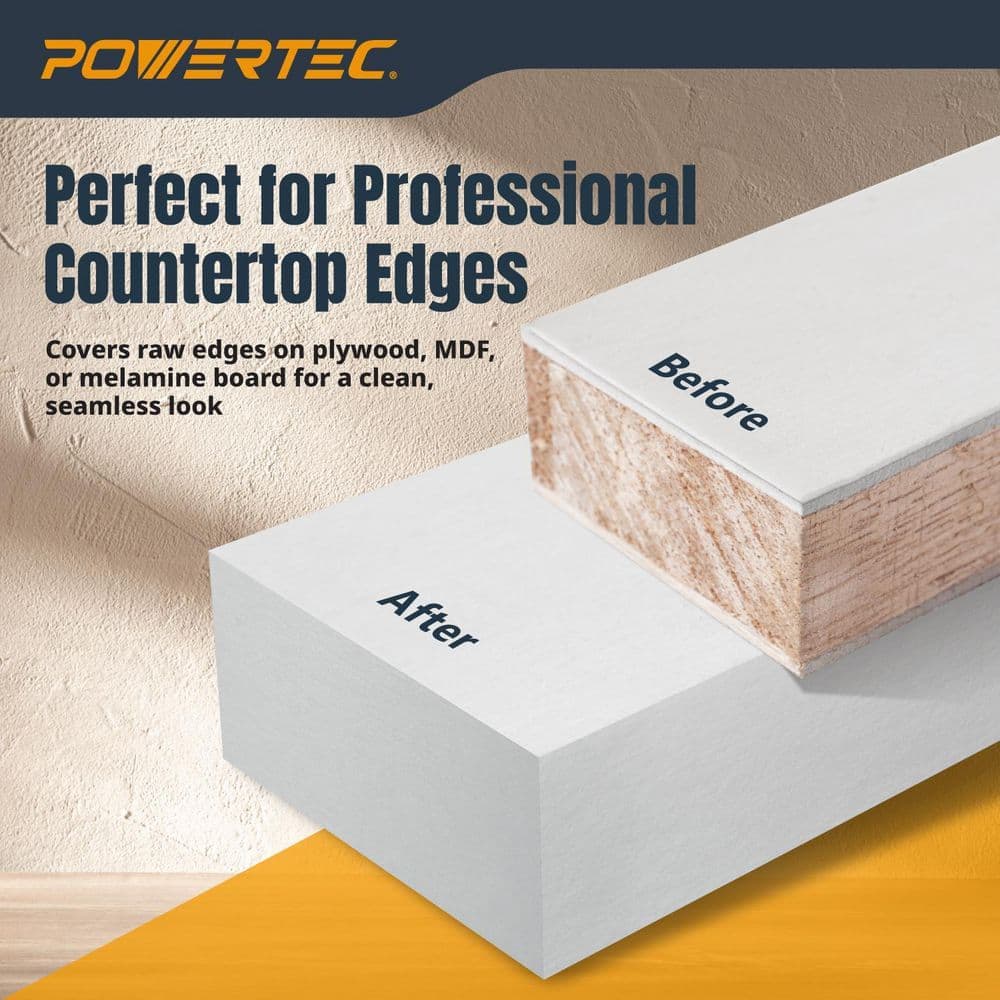 ‎POWERTEC Melamine Edge Banding, 13/16 in. x 50 ft. Pre-Glued Veneer Tape Roll for Cabinet Repair, Furniture Restoration, Shelving (2)