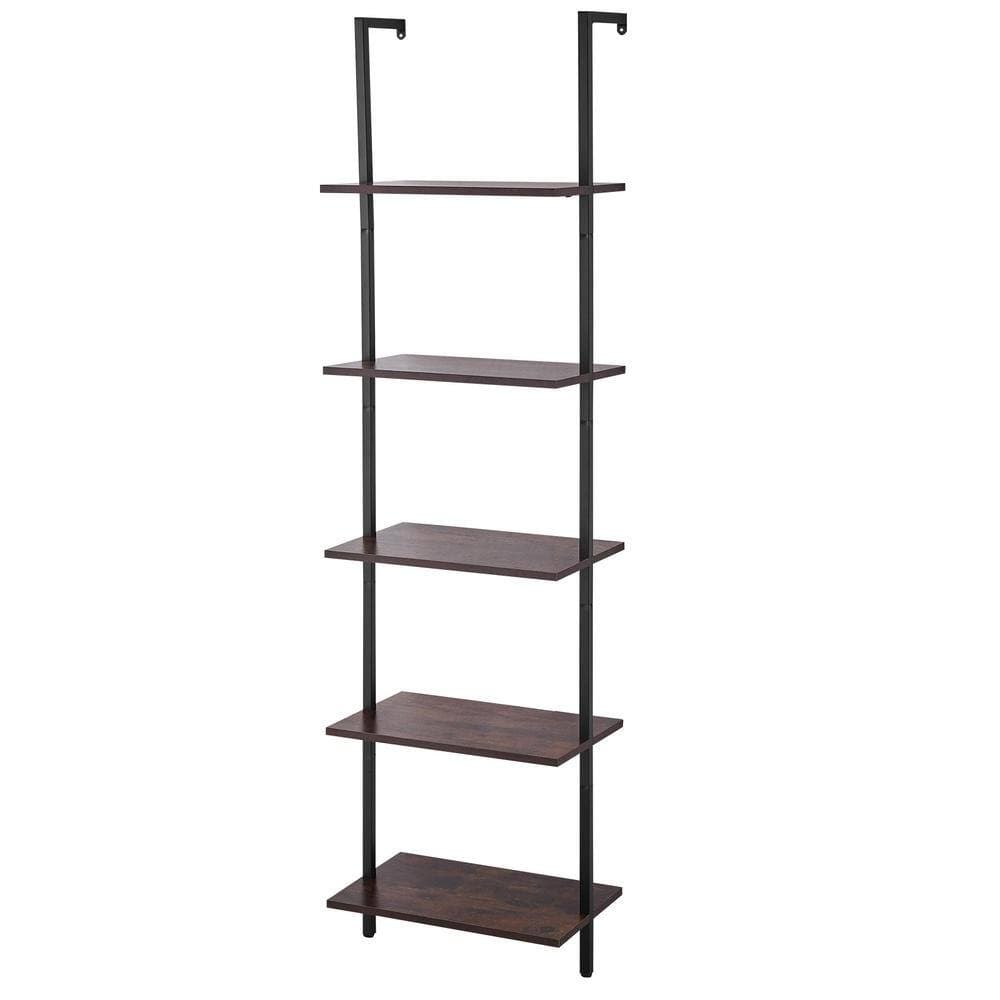 Bunpeony Ladder Shelf 5-Tier 18.9 x 11.8 x 70 in. Wall-Mounted Metal Frame P2 Particleboard 50 lbs. per Layer Black Bookshelf (2)