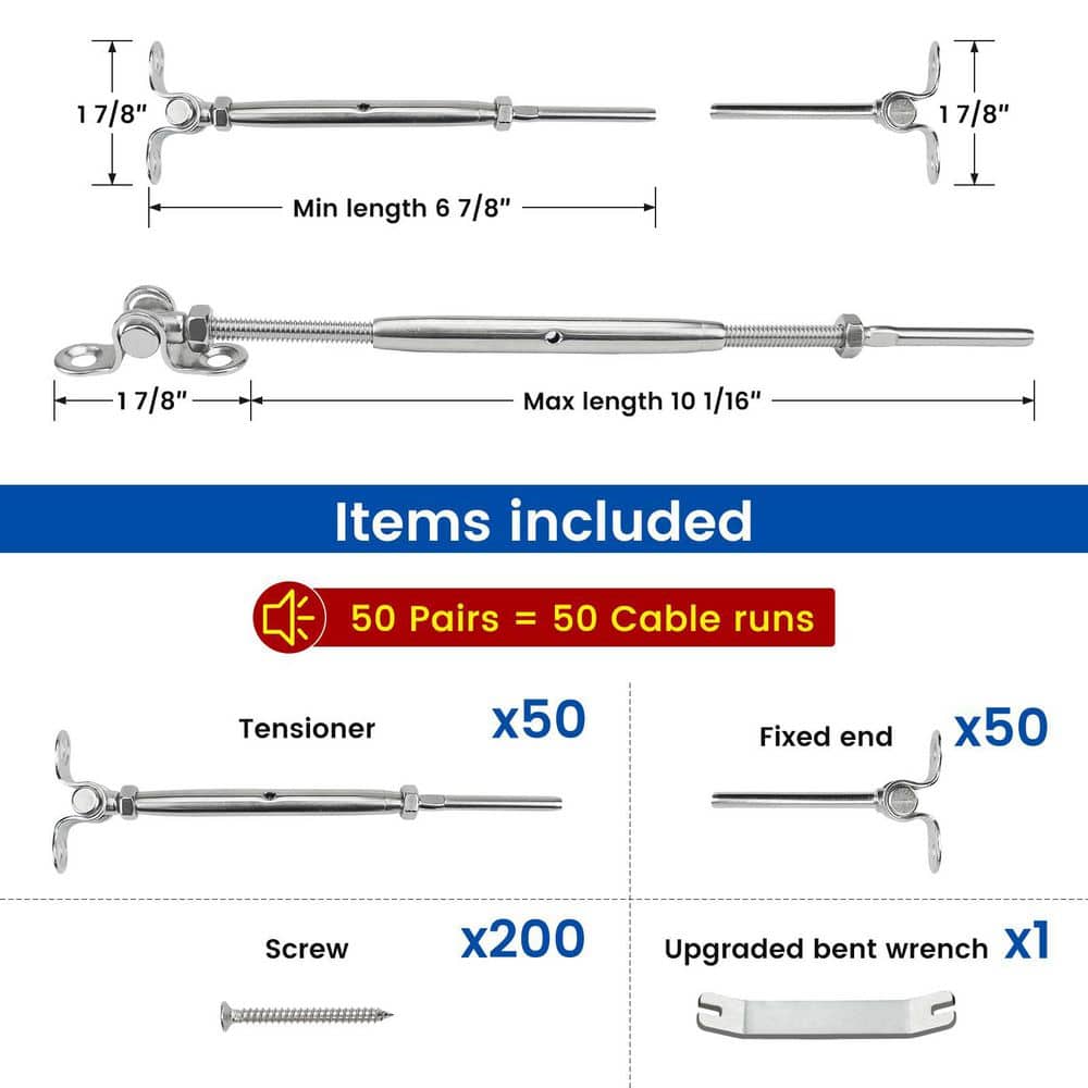 MYWISH T316 Stainless Steel Cable Railing Hardware Kit for Cable Railing System, Swage Toggle Turnbuckle (50-Pack) (2)