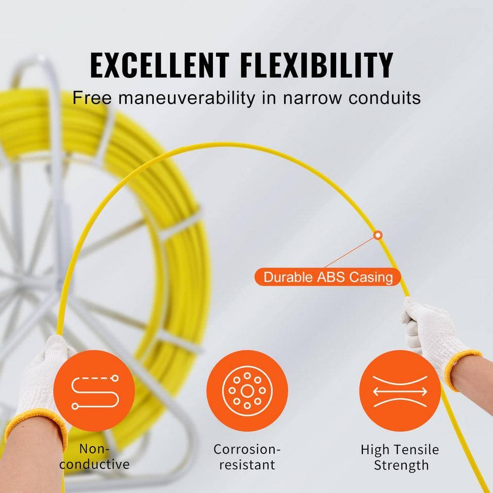 SVOPES Fish Tape Fiberglass, 656 ft. 1/4 in. Duct Rodder Fishtape Wire Puller, Cable Running Rod with Steel Reel Stand (3)