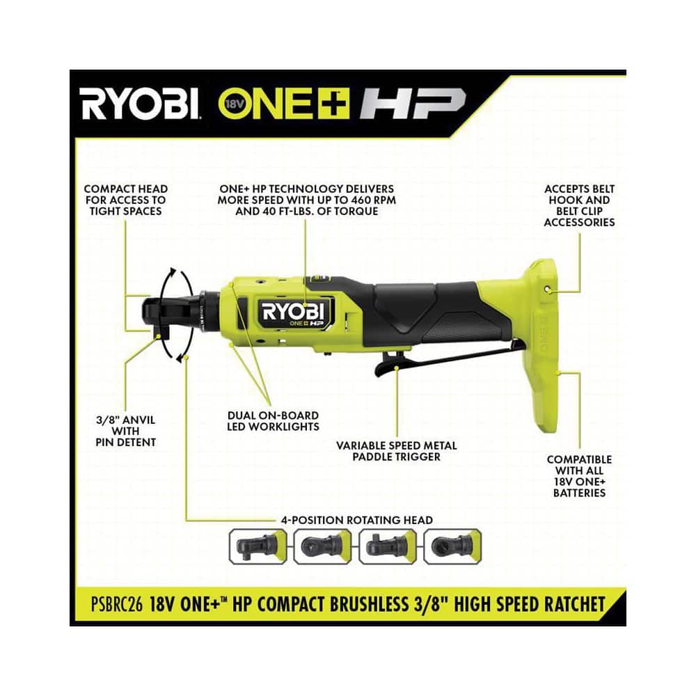 RYOBI ONE+ 18V HP Brushless Cordless Compact 3/8 in. High Speed Ratchet (3)