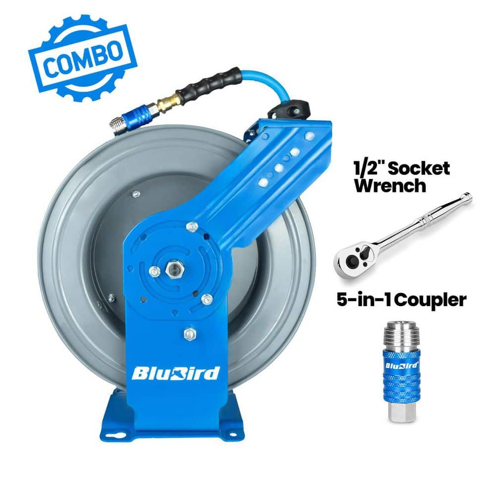 BLUBIRD 1/2 in. x 50 ft. Rubber Air Hose and Single Arm Steel Hose Reel with Swivel Mount Base, Coupler and Socket Wrench (3)