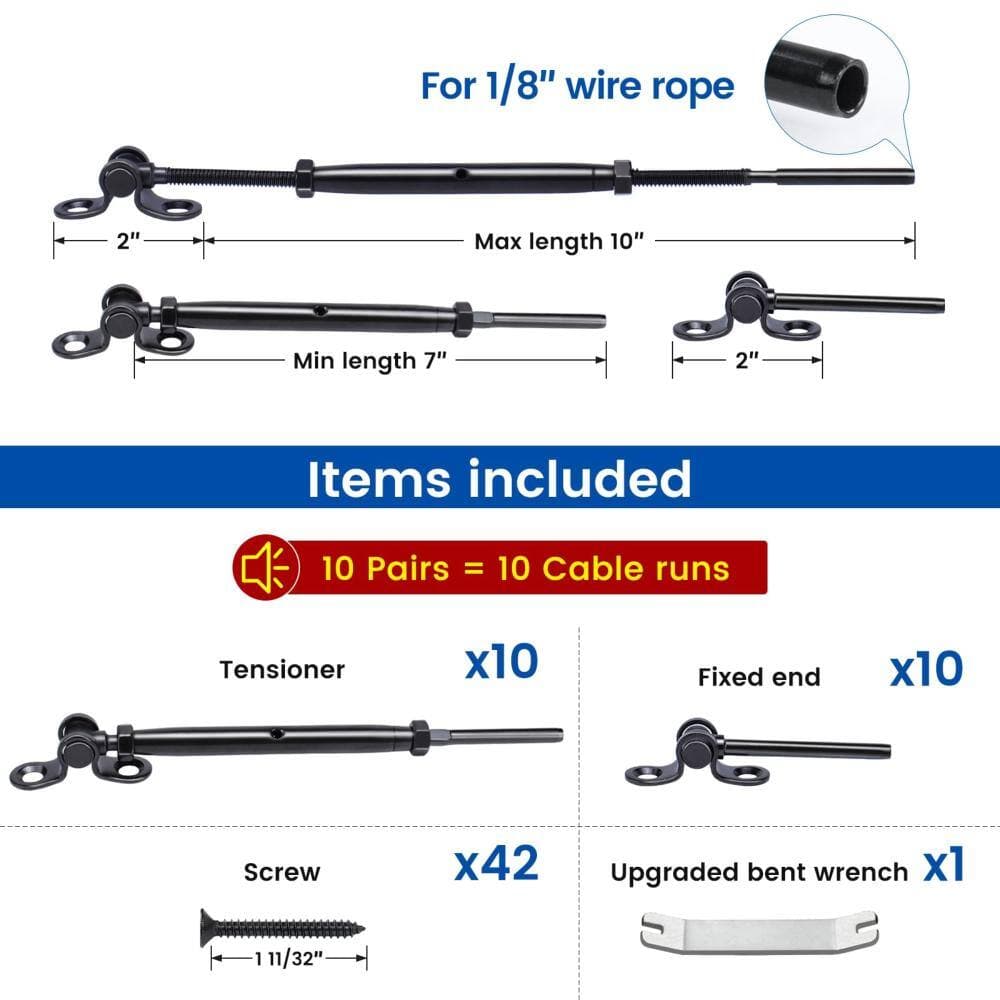 Unbranded 10 Pairs 1/8 in Black Cable Railing Hardware Kit with Turnbuckle for Wood Post Stair Deck Railing (3)
