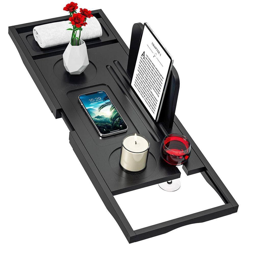 Numhew Premium Bathtub Tray Caddy with Expandable Sides in Black Bamboo Wood Color, Fits Most Bath Tubs, Non-Slip Design (2)