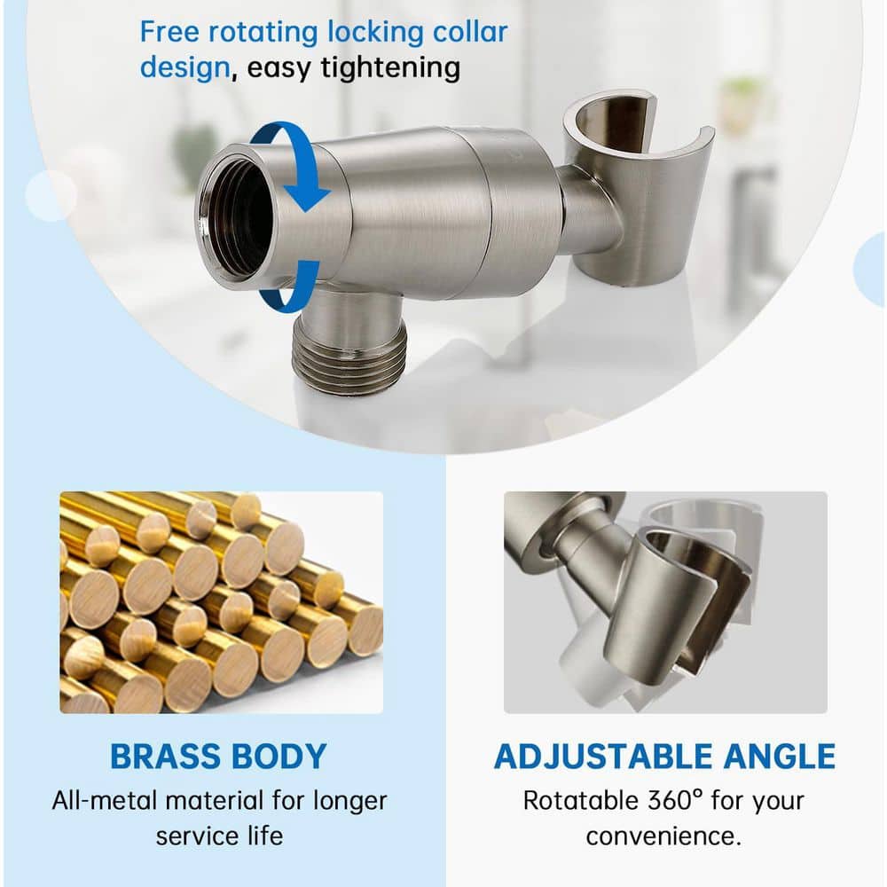 Helhom Brushed Nickel Shower Head Holder with Stainless Steel Hose, Adjustable Arm Mount, Handheld Shower Head Replacement (3)
