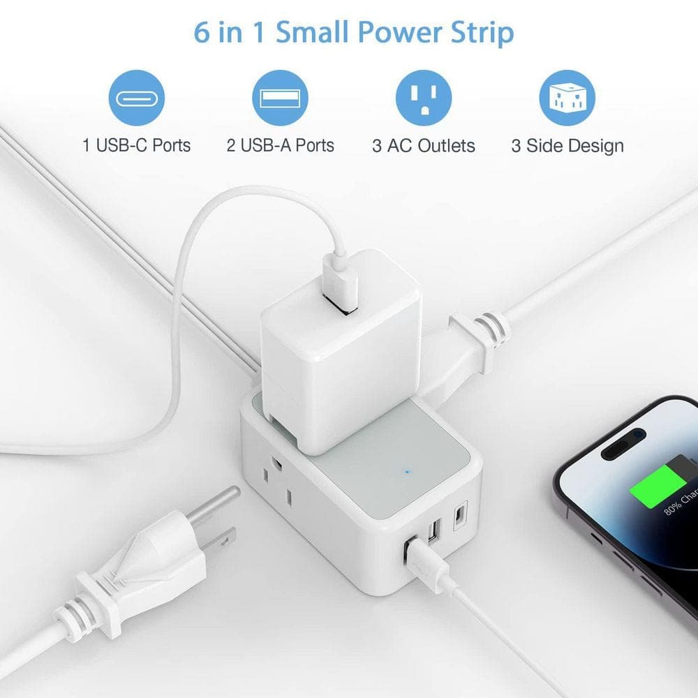 Unbranded 5 ft. 3 Prong 3 Outlet Extension Cord with USB-A USB-C Ports Flat Ultra Slim Plug Indoor Power Strip White (3)