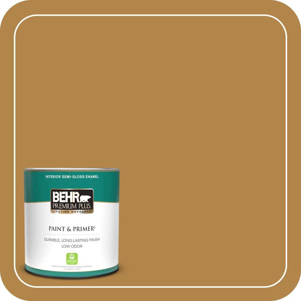 BEHR PREMIUM PLUS 1 qt. #MQ4-09 Rice Curry Semi-Gloss Enamel Low Odor Interior Paint & Primer