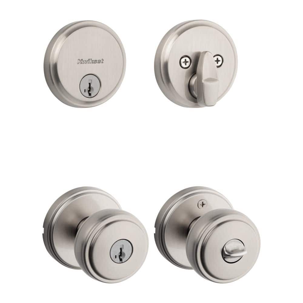 Kwikset Sora Satin Nickel Keyed Entry 2.19 in. Door Knob and Single Cylinder Deadbolt Combo Pack Featuring SmartKey Security