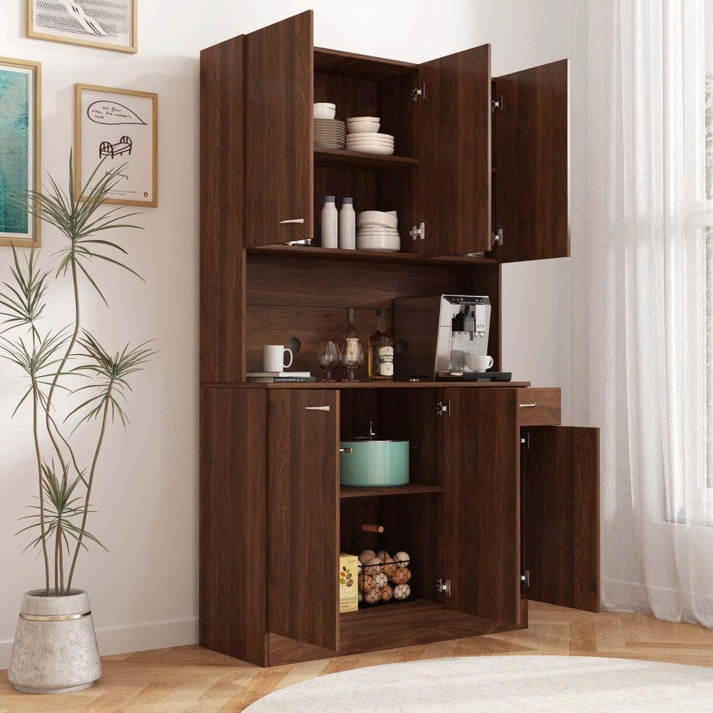 XUJMK 39 in. W x 15 in. D x 71 in. H Brown Linen Cabinet, Tall Wardrobe, Kitchen Cabinet with 6-Doors, 1 Shelves, 1-Drawer (2)