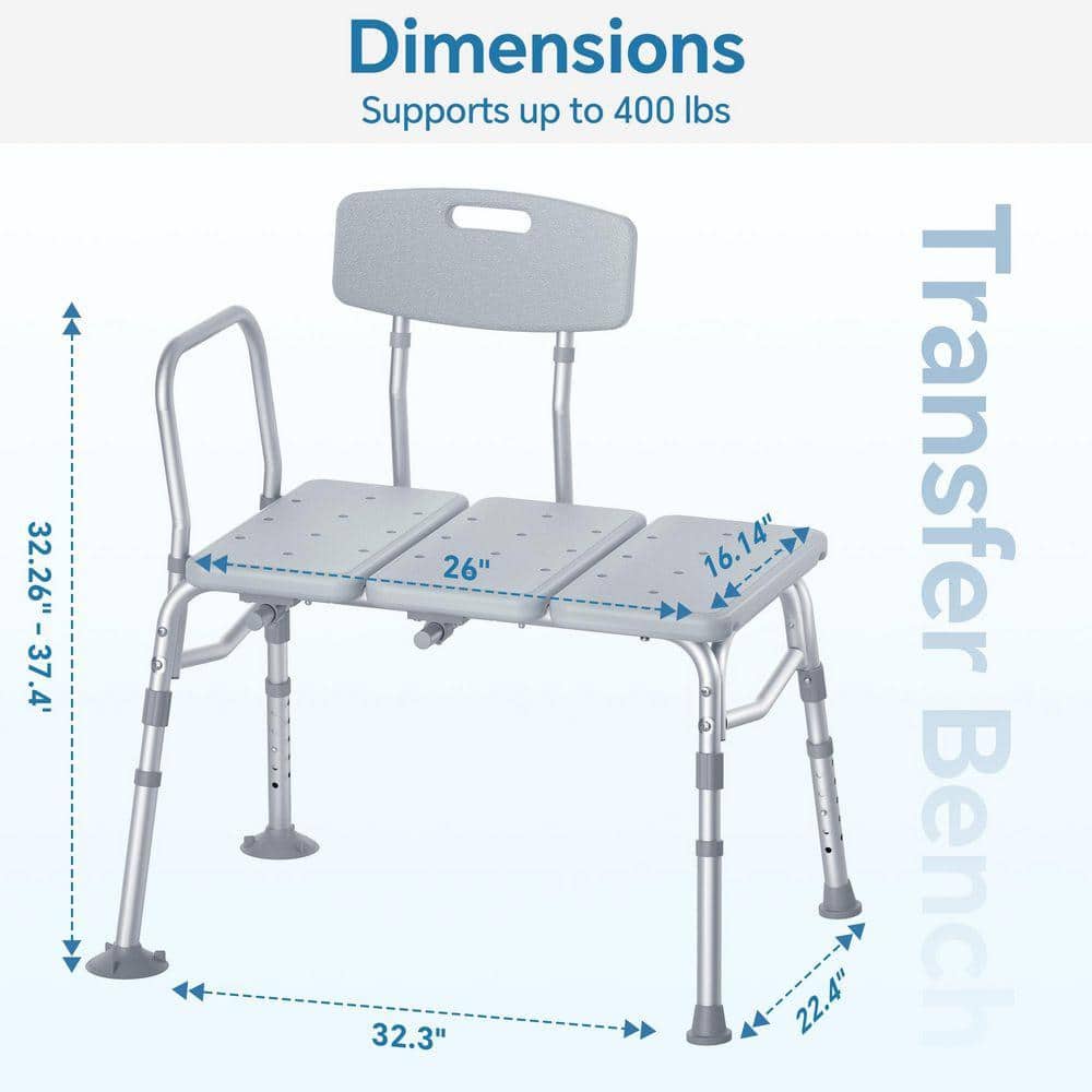 Lynzavix 32.3 in. W A-Frame Tub Transfer Bench with Backrest, Adjustable Height, Slip-Resistant Feet, Aluminum Freestanding Gray (3)