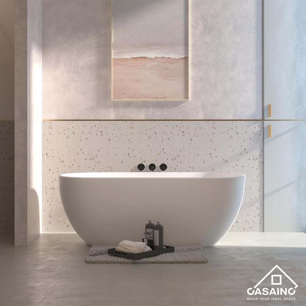 CASAINC 59 in. x 22 in. Solid Surface Stone Resin Stand Alone Freestanding Soaking Bathtub in Matte White with Center Drain