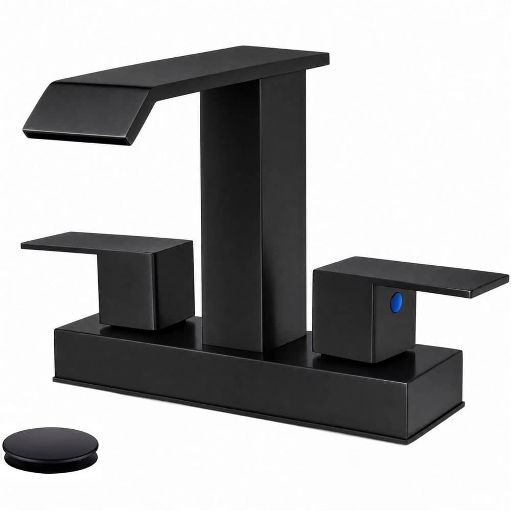 MTTCLE 4 in. Centerset Double Handle Waterfall Spout Bathroom Faucet with Drain Kit Included in Matte Black (1)