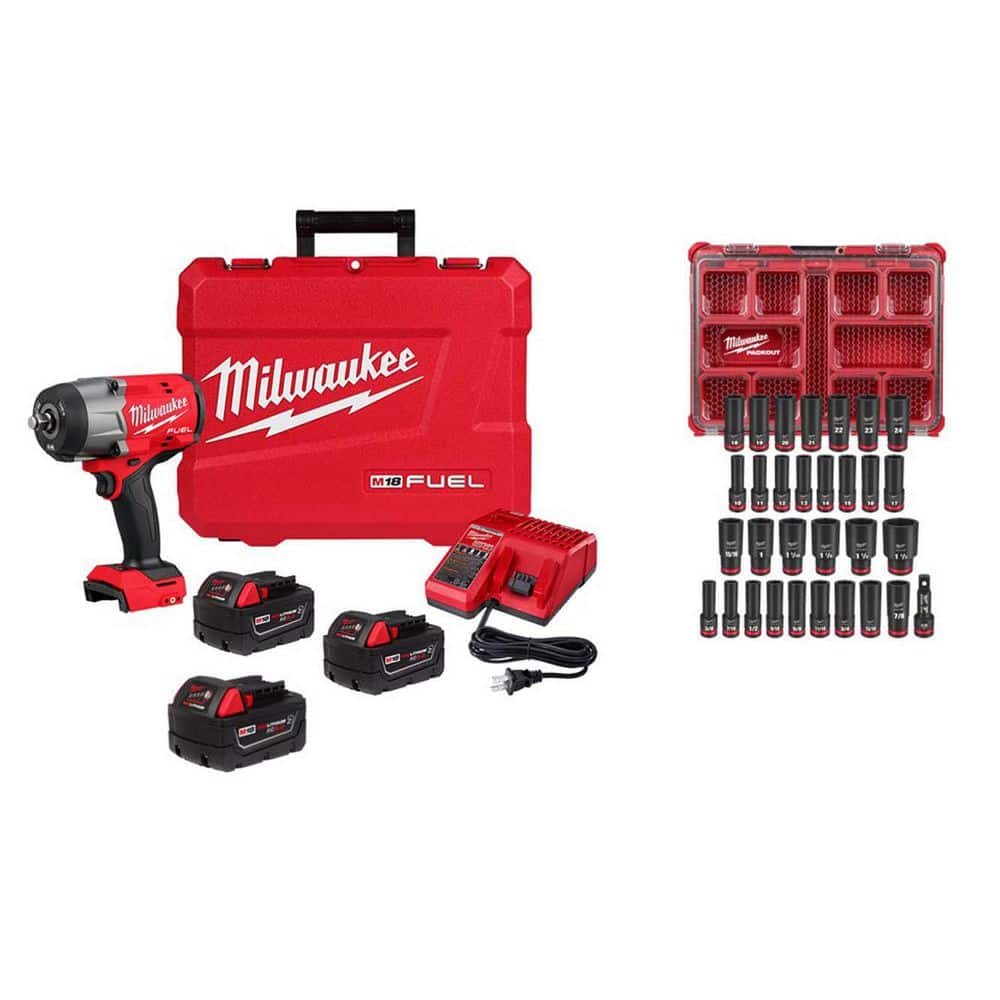 Milwaukee M18 FUEL 18V High Torque 1/2 in. Impact Wrench Kit with 5. 0Ah Battery with 1/2 in 31-Pc Metric/SAE Deep PACKOUT Sockets (1)