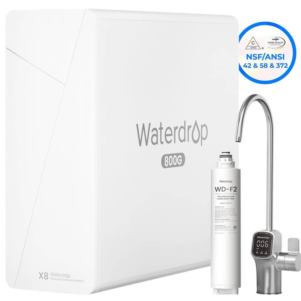 Waterdrop X8-Basic Reverse Osmosis System, NSF/ANSI 42&58&372 Certified, 800 GPD, 9-Stage, 2:1 Pure to Drain, Extra F2 Filter
