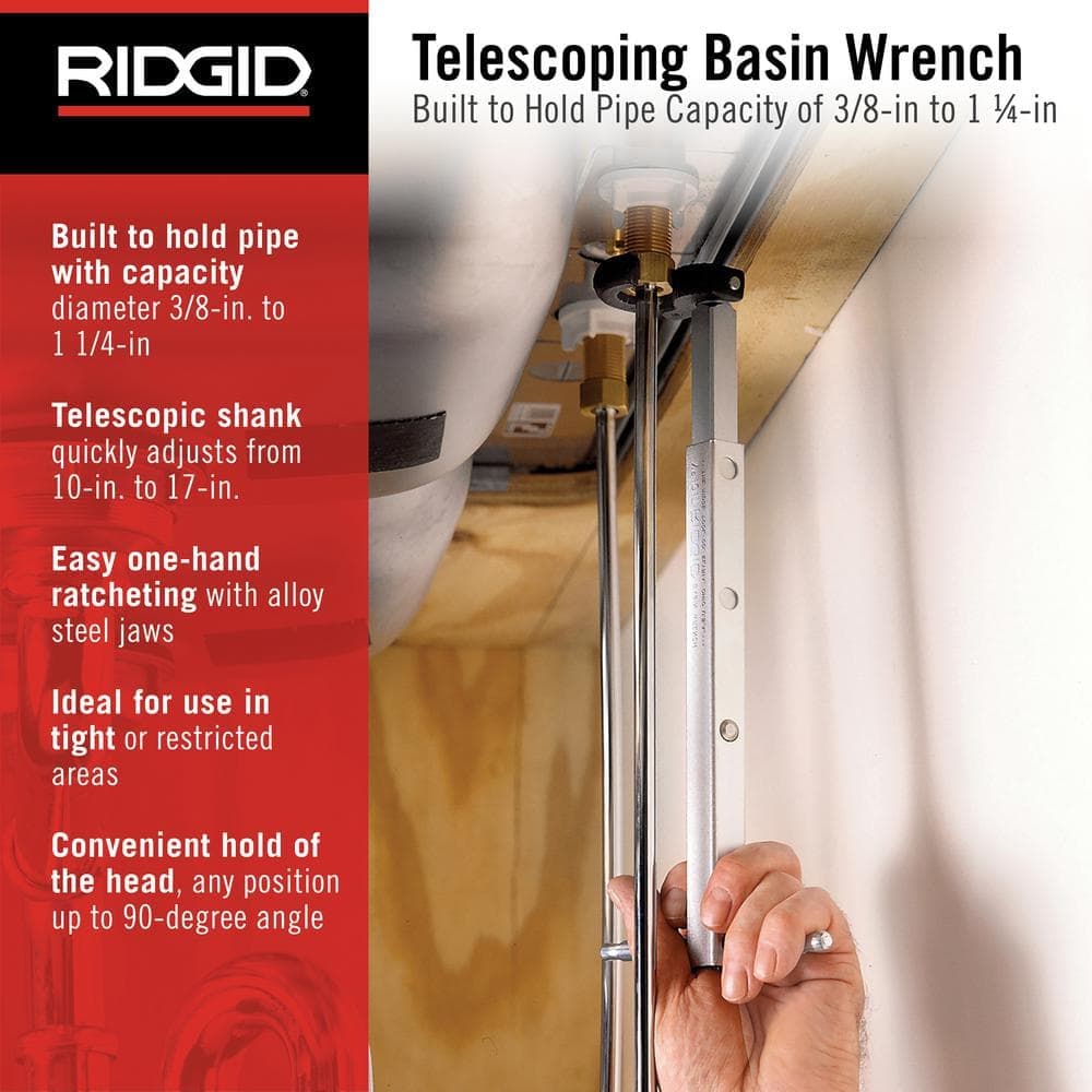 RIDGID 3/8 in. to 1-1/4 in. Adjustable 10 in. to 17 in. Fold Over Telescoping Basin Pipe Wrench For Tight Spaces (2)