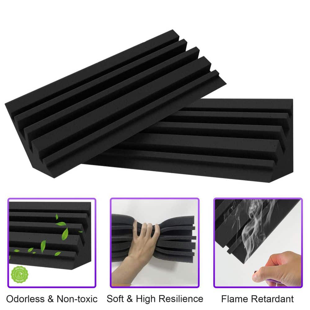 Laybus 4 in. x 4 in. x 12 in. Dense Thick Studio Bass Foam Corner (12-Pack), Acoustic Treatment Panel, Absorbing Echo Reverb (3)
