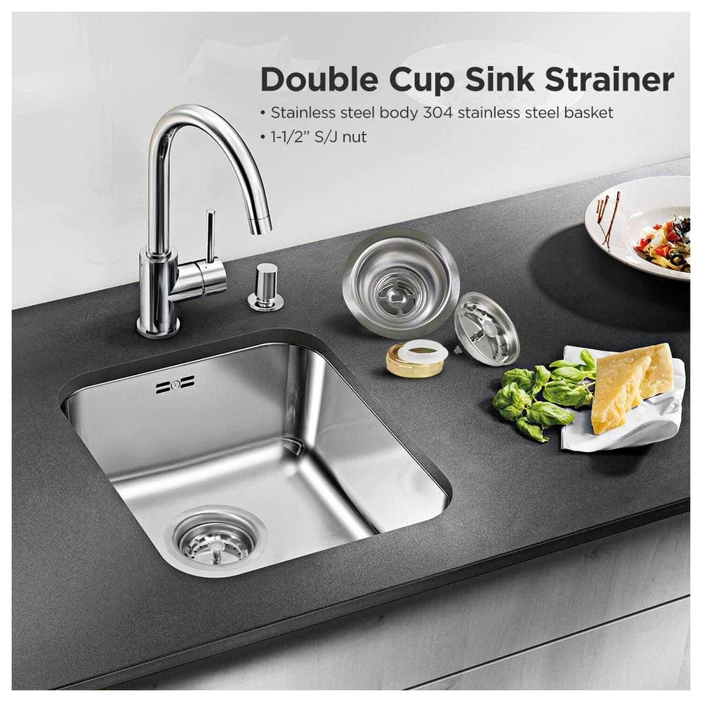 PLUMBFLEX 3-1/2 in. - 4 in. Kitchen Sink Stainless Steel Drain Assembly with Strainer Basket Stopper Double Cup Design (3)