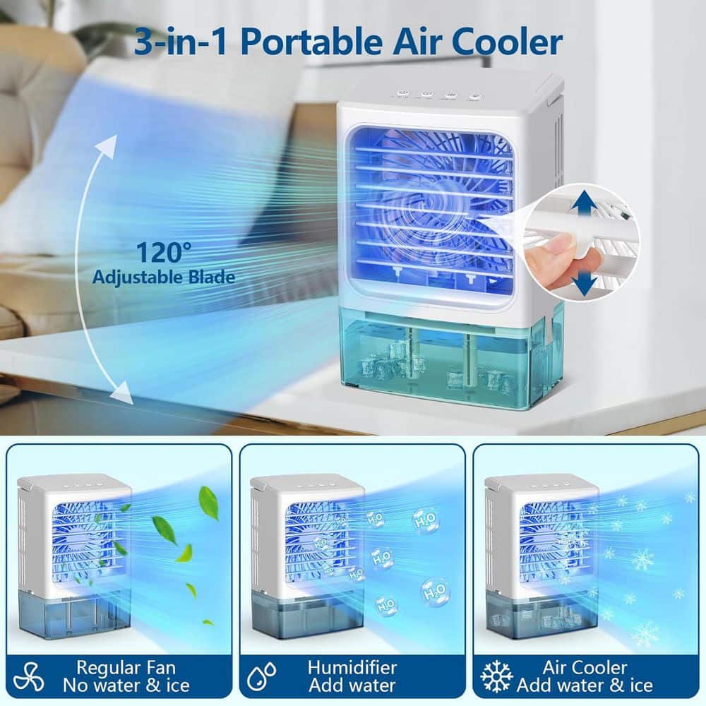 Adrinfly 6-8 Hours Portable Air Conditioner Cooling Fan with 3-Speeds 2-Spray Outlets 7-Color Light, Timer for Office Car Camping (3)
