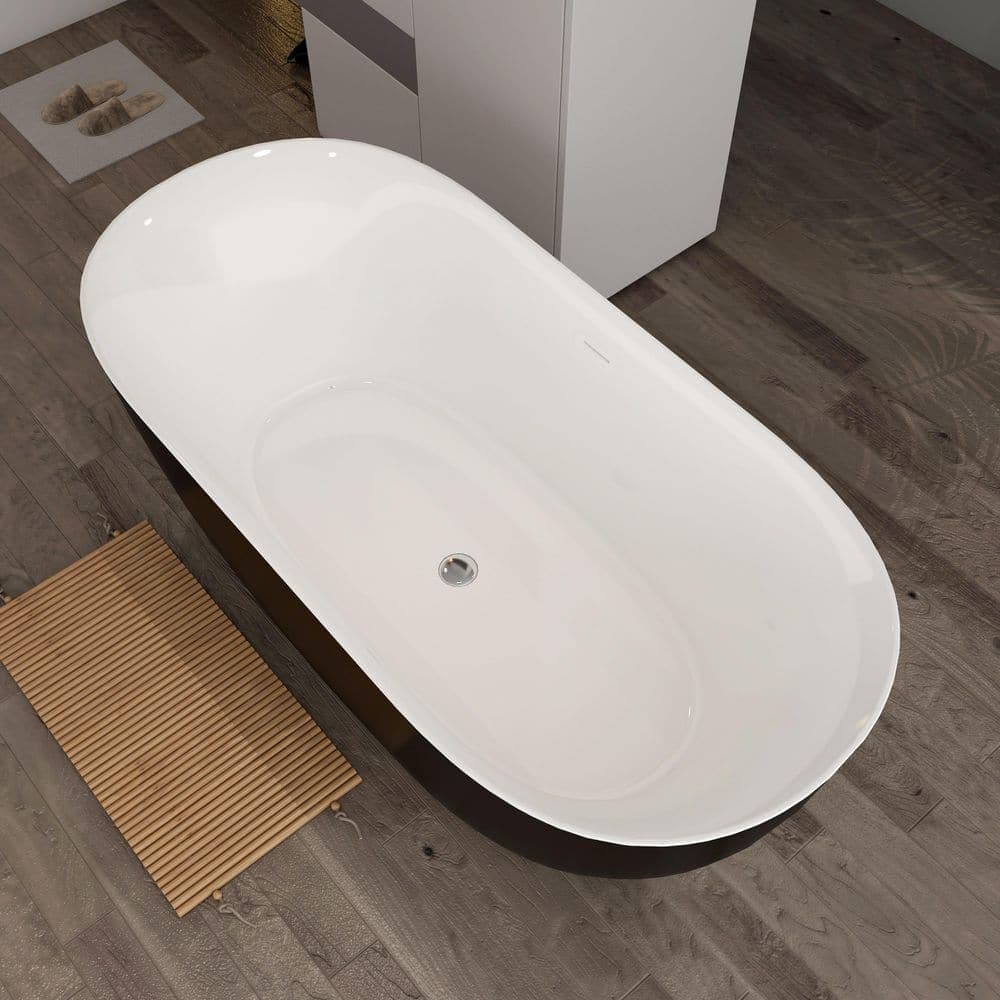 Unbranded 59 in. x 29.5 in. Matte Black Acrylic Slim Rim Freestanding Oval Soaking Bathtub Stand Alone Tub in Chrome (2)