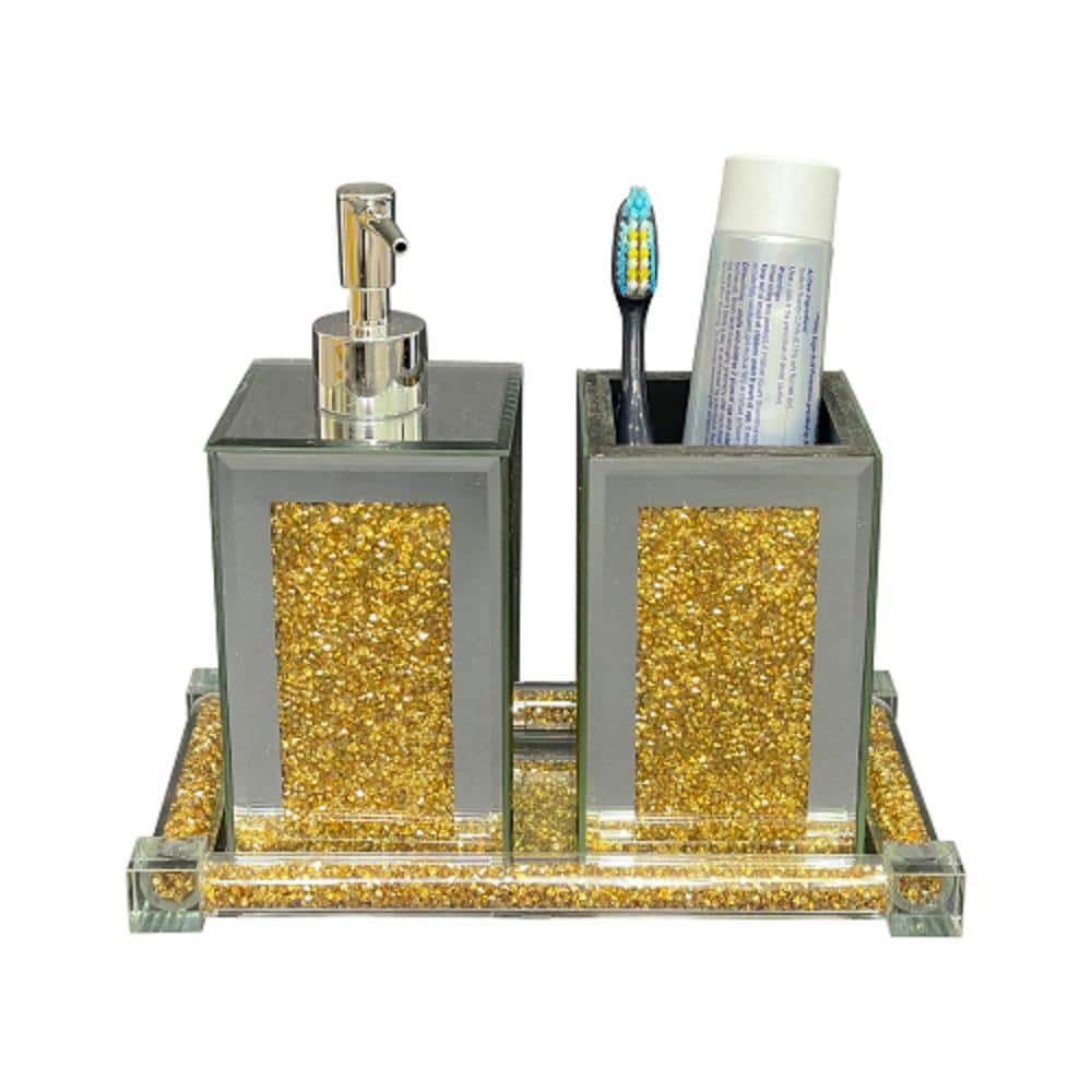 Adrinfly Countertop Square Soap Dispenser and Toothbrush Holder with Tray with Elegant Design 3-Piece in Gold