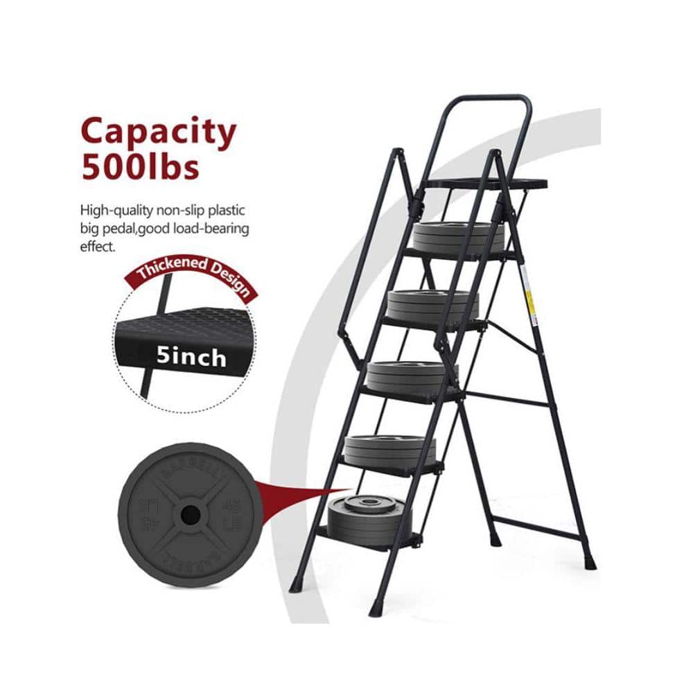 KIWDZFU Reach 5.91 ft. Steel Folding Step Ladder with 5-Step Removable Tool Tray Wide Non-Slip Pedals and Handrails Black (2)
