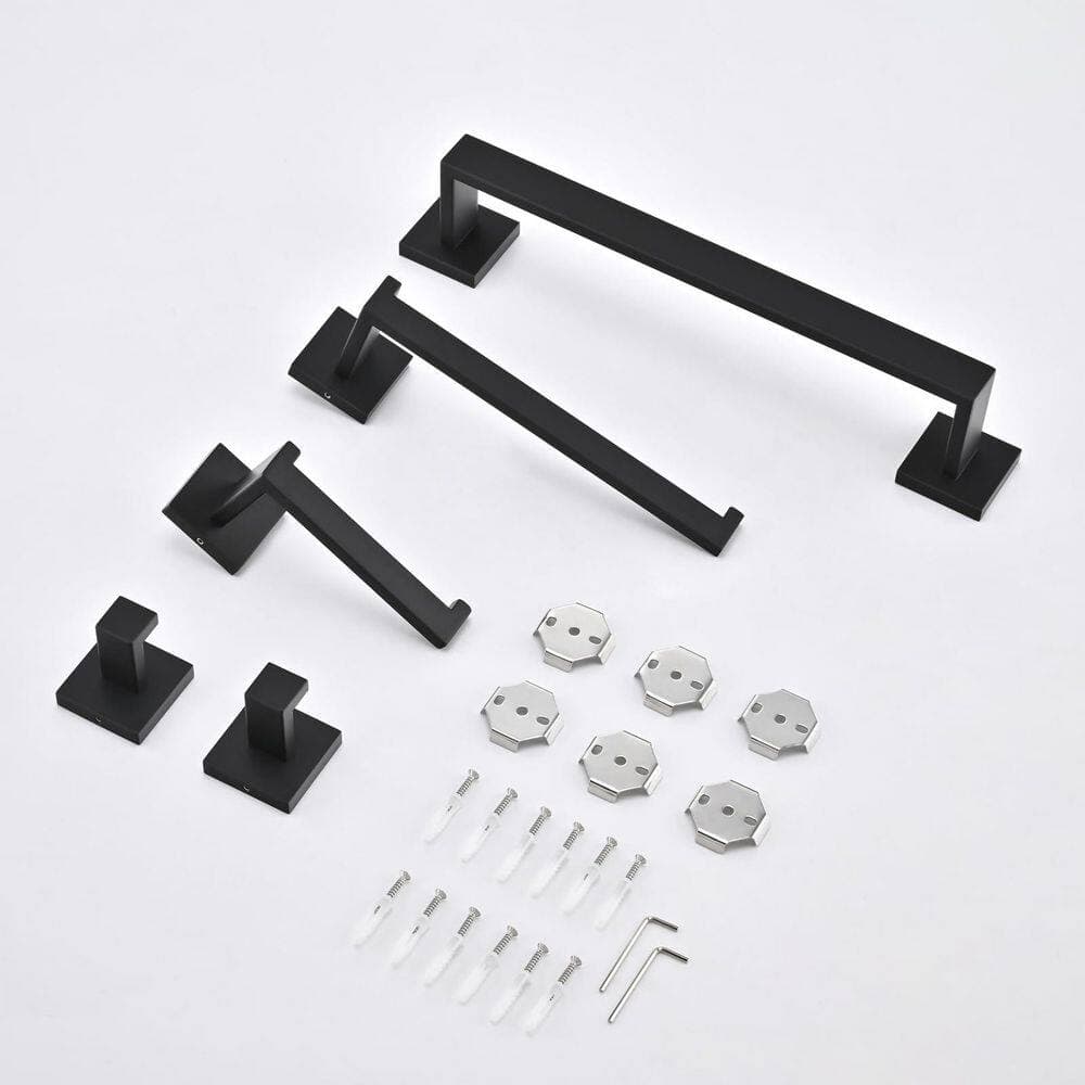 KHKFY Matte Black 5-Piece 16 in. SUS304 Stainless Steel Square Wall Mounted Bathroom Towel Bar Accessory Set in (2)