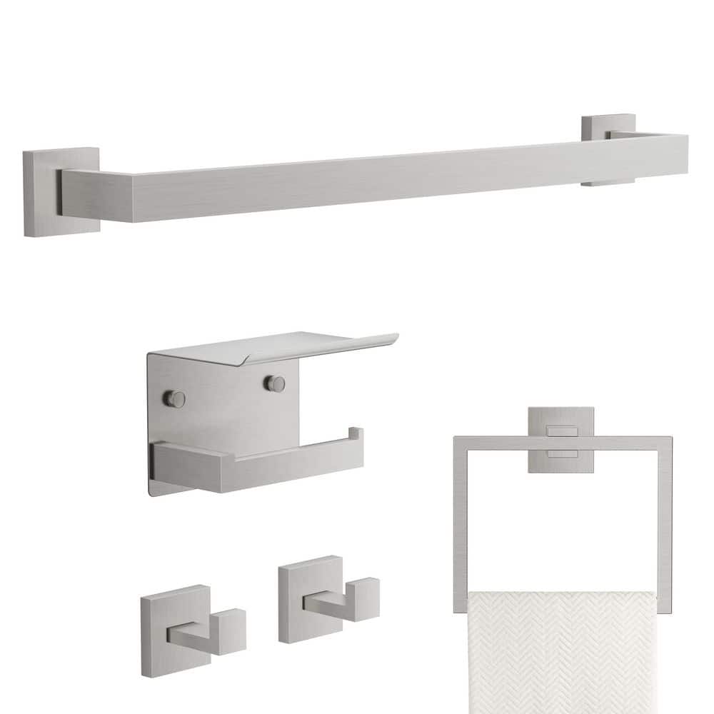 BWE Pieces Bathroom Hardware Accessories Set with Towel Holder, Roll Paper Holder, 2 Hooks, Towel Ring, Brushed (1)
