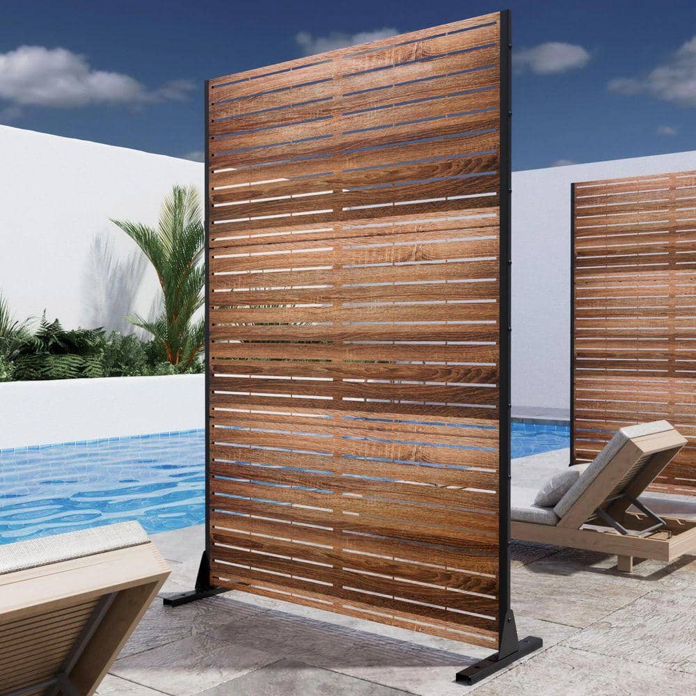 Lirago 72 in. x 47 in. Outdoor Metal Privacy Screen Garden Fence in Natural Wood Pattern (3)