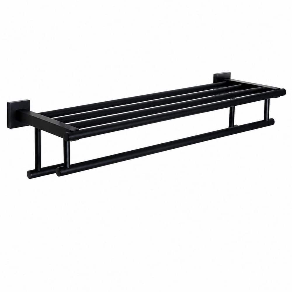 Unbranded 1-Pack Matte Black SUS304 Stainless Steel 24 in. Wall-Mounted Double Bathroom Towel Bar Rack and Shelf