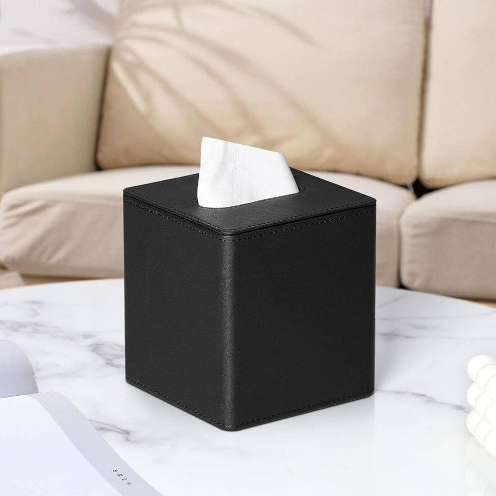 KHKFY Square PU Leather Tissue Box Cover with Magnetic Closure for Bathroom, 5.2 in. x 5.2 in. x 5.7 in. Black (2)