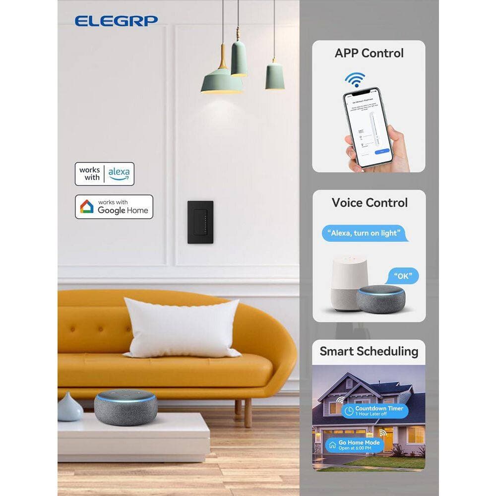 ELEGRP Smart Dimmer Light Switch Single Pole 2.4GHz Wi-Fi Dimmer Switch Compatible w/Alexa and Google Assistant Black, 2-Pieces (2)