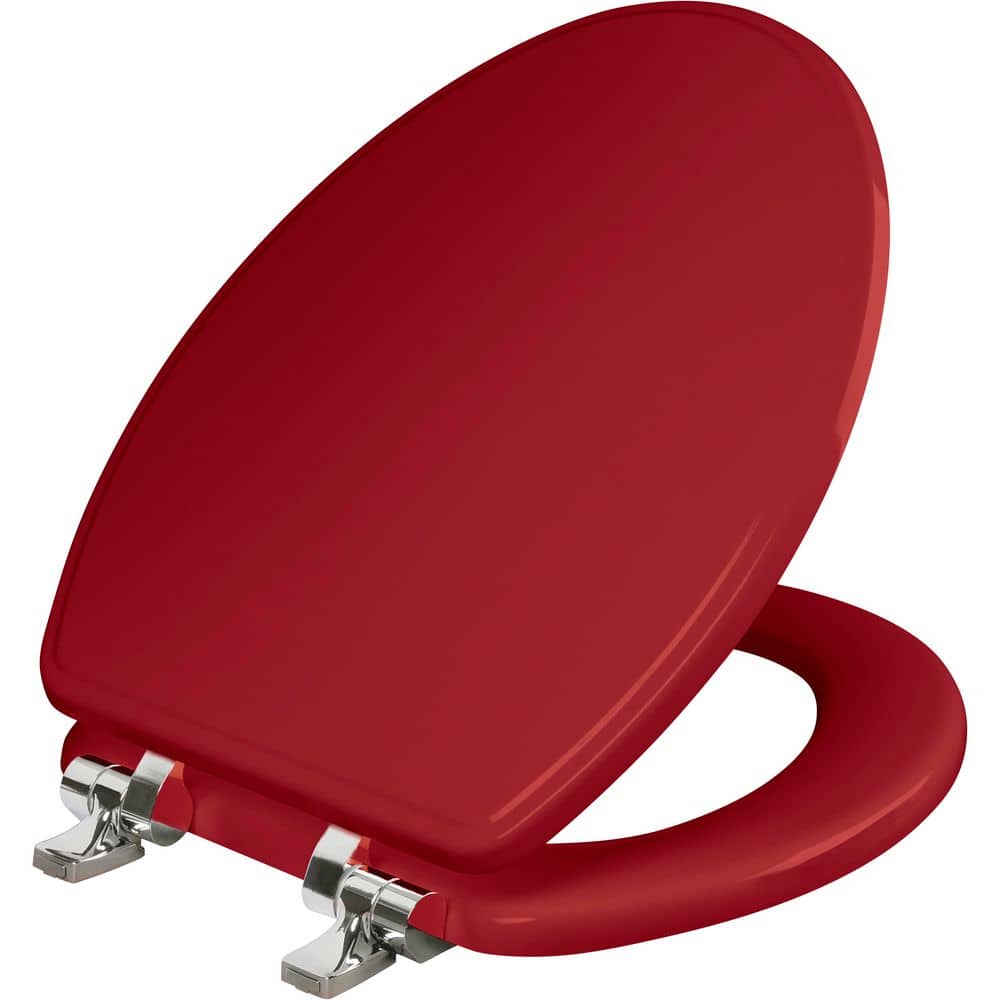 BEMIS Weston Elongated Soft-Close Never-Loosens Chrome-Hinge Enameled Wood Toilet Seat in Red
