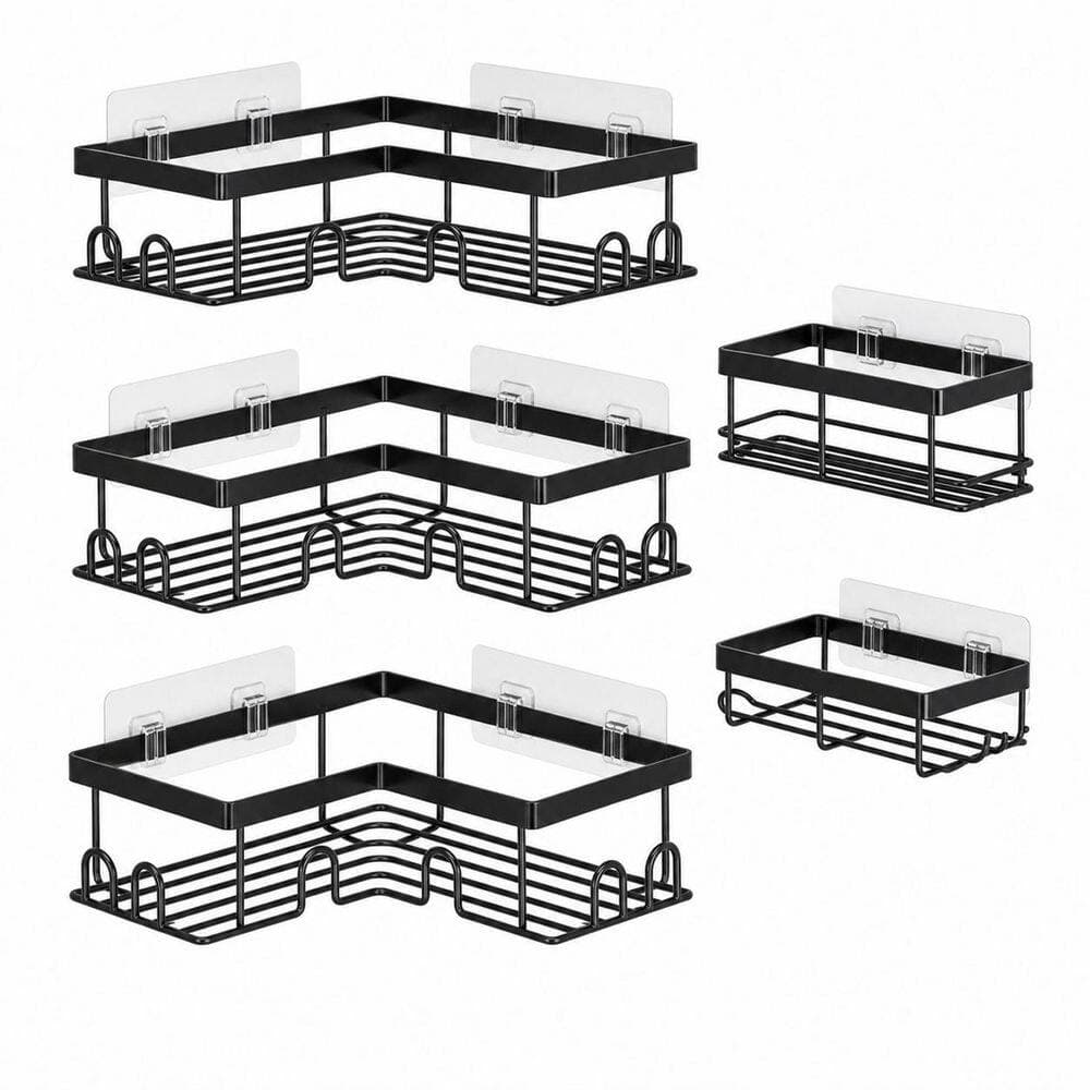 Anqtovp Adhesive Mount Rustproof Stainless Steel L-Shape Shower Caddy with Toothbrush Holder Soap Dish in Black 5 Pack