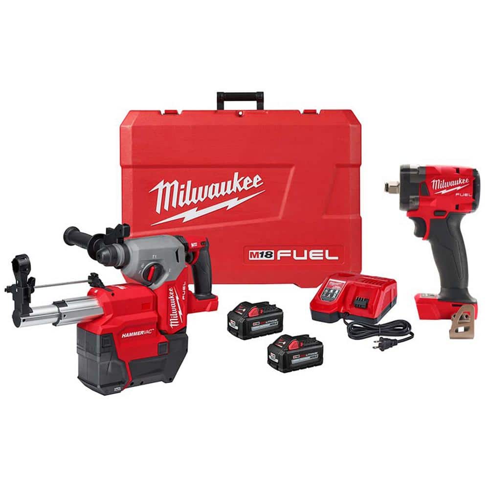 Milwaukee M18 FUEL 18V Lith-Ion Brushless 1 in. Cordless SDS-Plus Rotary Hammer w/2 Batteries & M18 FUEL 1/2 in. Impact Wrench (1)