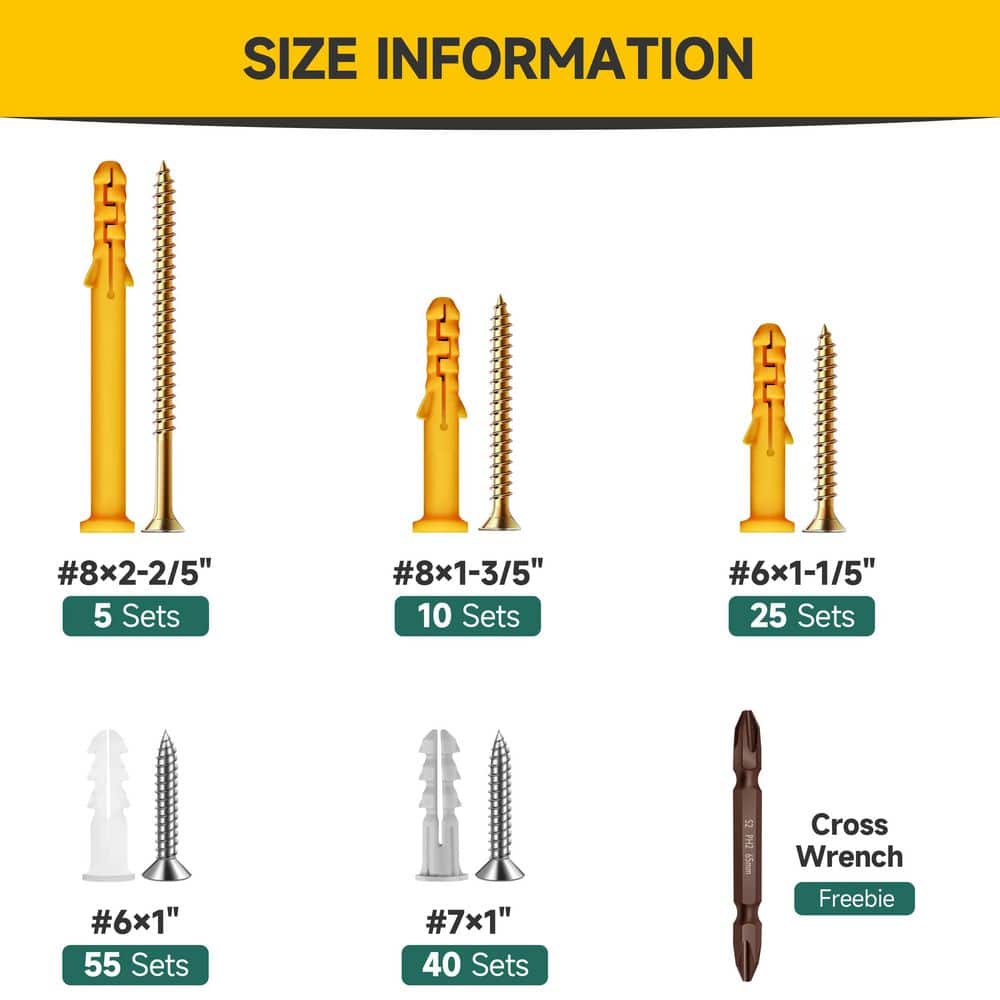 MYWISH Drywall Anchors and Screws Assortment Kit 270-Pieces, 135-Plastic Wall Anchors and 135-Philips Flat Head Screws (3)