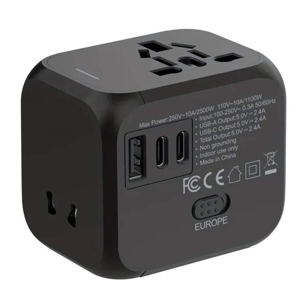 Adrinfly 1-Outlet Foldable Universal Travel Plug Adapter with Type C & USB-A, 2500W Power & Multi-Country Compatibility, Black (1)