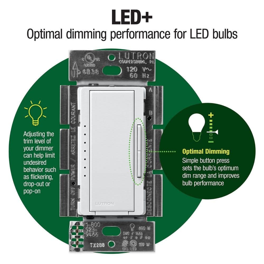 Lutron Maestro LED+ Dimmer Switch for Dimmable LED Bulbs, 150W/Single-Pole or Multi-Location, (MACL-153MR-WH) (4)