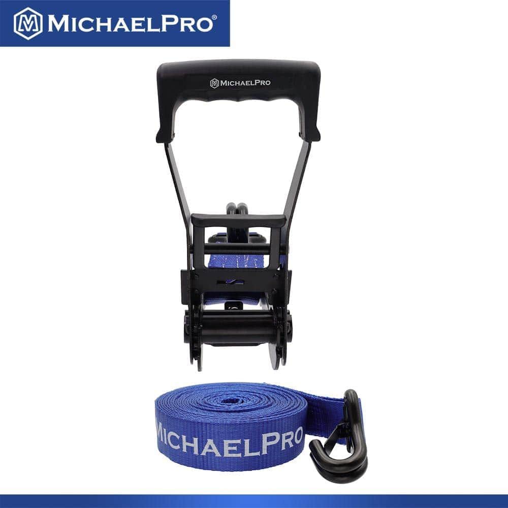 MICHAELPRO 2" x 27' Ratchet Tie Down Strap with J-Hook Safety Latches (2)