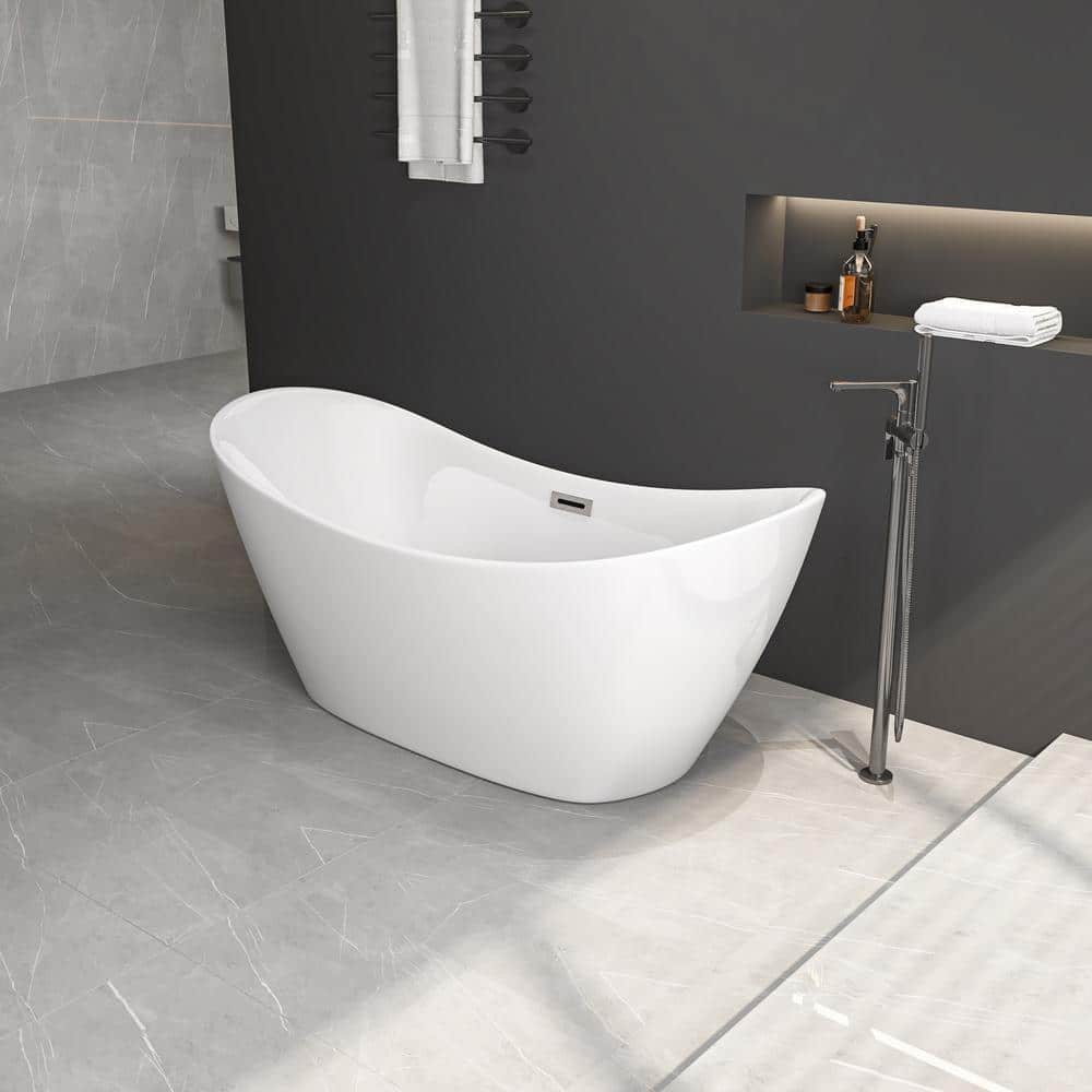 EAKYHOM 67 in. Freestanding Flatbottom Double-Slipper Soaking Bathtub in White Including Chrome Overflow and Pop-Up Drain