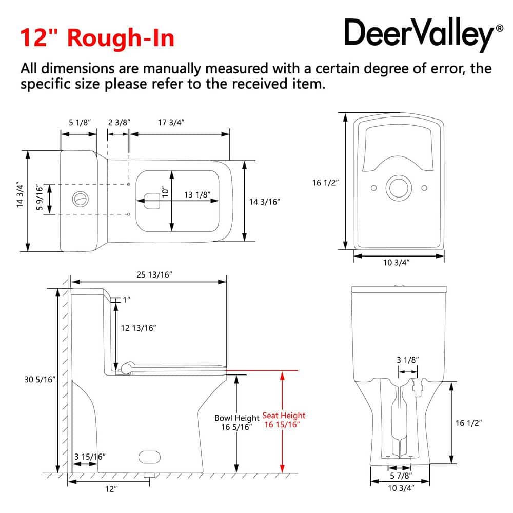 DEERVALLEY Ace 12 in. Rough in 1-Piece 1.1/1.6 GPF Dual Flush Square Elongated Toilet in White with Soft Closed Seat Included (3)