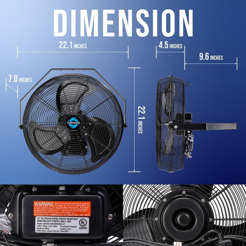Tornado 18 Inch Outdoor Rated IPX4 Water-Resistant High Velocity Metal Industrial Wall Mount Fan, 3 Speed 6.6 FT Cord, Black (3)