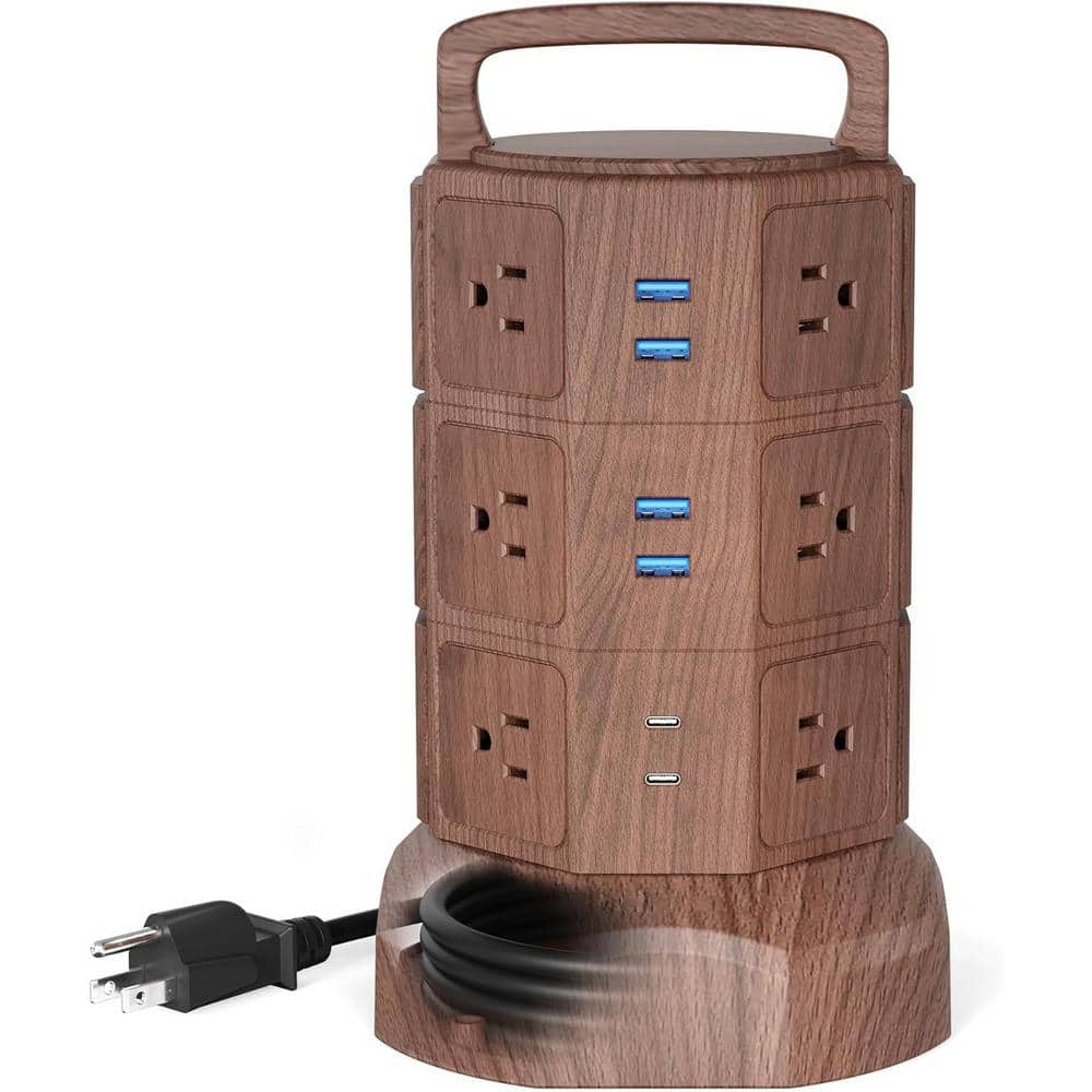 Yichuhaoxi Power Strip Tower Surge Protector 6.5 ft. Extension Cord 12 Outlets 6 USB Cord with Multiple Outlet in Walnut and Black (1)