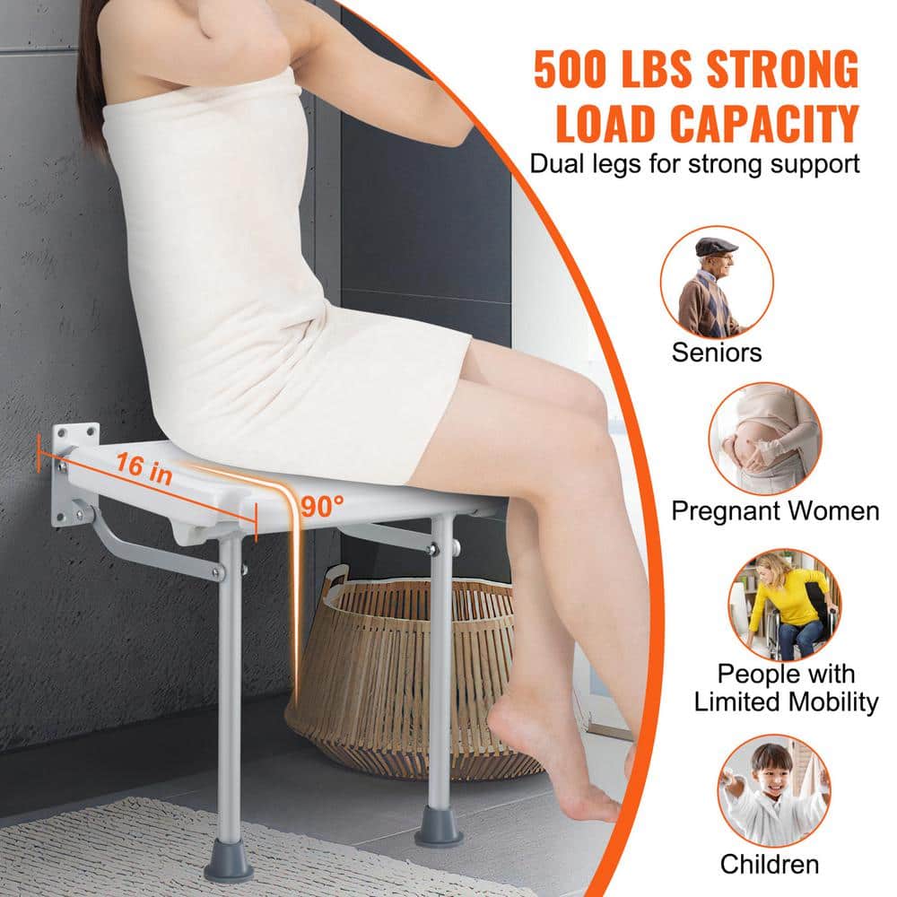 SVOPES Folding PE Shower Seat-15.7" x 14.8", Wall-Mounted, 500 lbs. Capacity Space-Saving for All Age Users, White, Polystyrene (3)